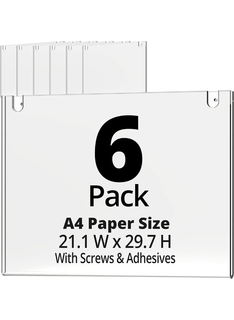 Slasa SLASA Acrylic Sign Holder A4 Paper Wall Mount – 6 Pack | Premium Portrait Hanging Display Frames with Mounting Essentials for Office, Shop, School, Home  - Image 1