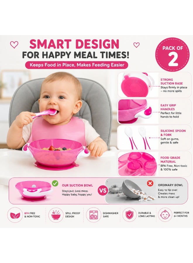 Moover Baby Suction Bowl Set Pack of 2 with Silicone Spoon & Fork BPA Free Baby Feeding Bowl Anti Slip Suction Base for Toddlers Kids - Image 3