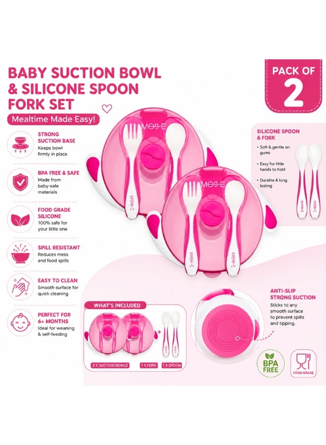 Moover Baby Suction Bowl Set Pack of 2 with Silicone Spoon & Fork BPA Free Baby Feeding Bowl Anti Slip Suction Base for Toddlers Kids - Image 2