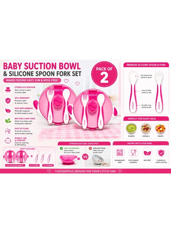 Moover Baby Suction Bowl Set Pack of 2 with Silicone Spoon & Fork BPA Free Baby Feeding Bowl Anti Slip Suction Base for Toddlers Kids - Image 5