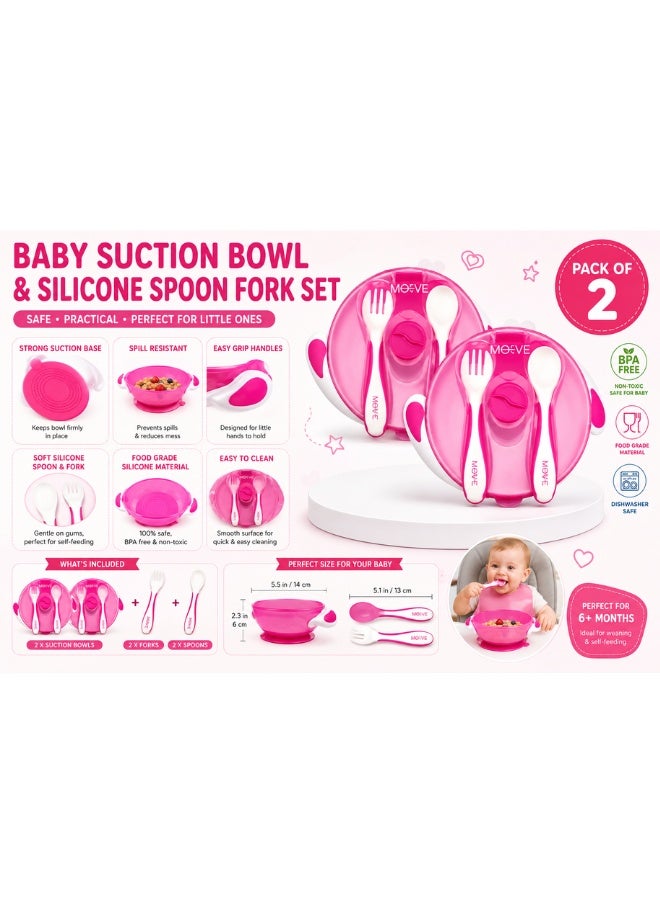 Moover Baby Suction Bowl Set Pack of 2 with Silicone Spoon & Fork BPA Free Baby Feeding Bowl Anti Slip Suction Base for Toddlers Kids - Image 4