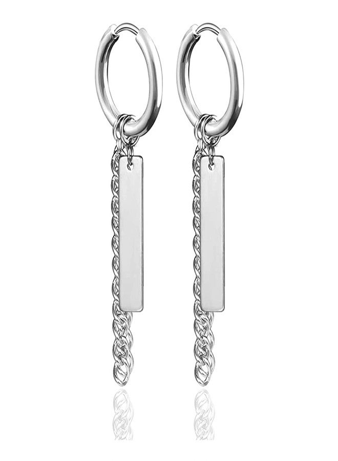 Fusamk Fashion Stainless Steel Bar Long Chain Earrings Huggie Hinged Hoop Earrings - Image 1