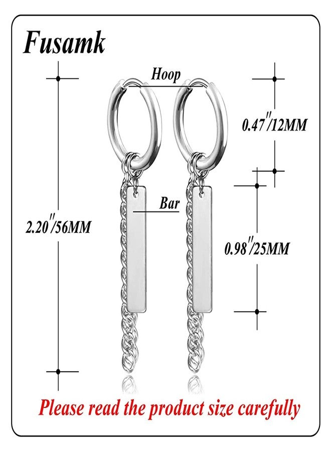 Fusamk Fashion Stainless Steel Bar Long Chain Earrings Huggie Hinged Hoop Earrings - Image 2