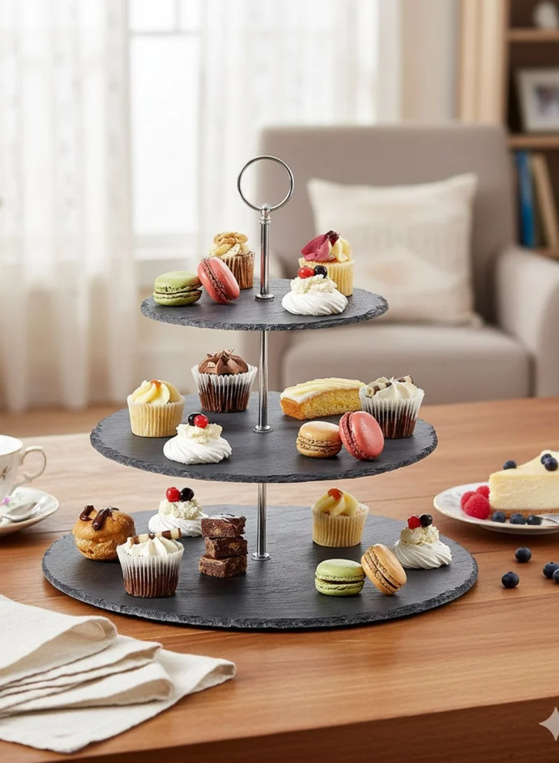 1Chase Natural Black Stone 3 Tier Round Slate Cake Stand with Chrome Carry Loop