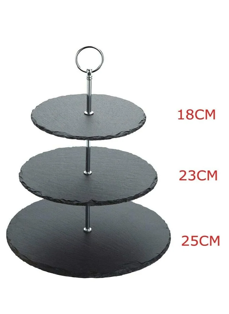 1Chase Natural Black Stone 3 Tier Round Slate Cake Stand with Chrome Carry Loop