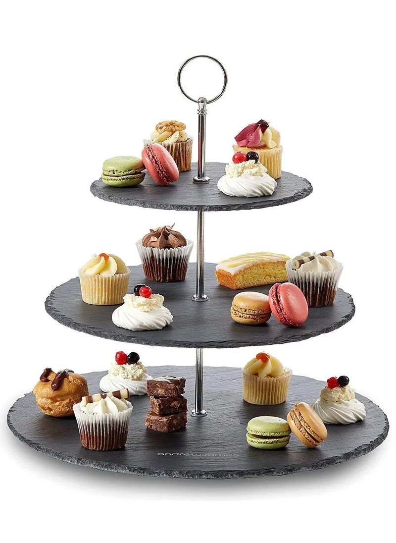 1Chase Natural Black Stone 3 Tier Round Slate Cake Stand with Chrome Carry Loop
