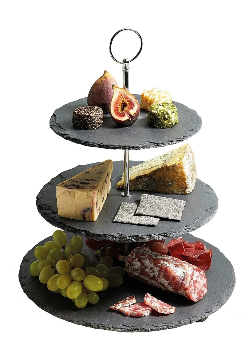 1Chase Natural Black Stone 3 Tier Round Slate Cake Stand with Chrome Carry Loop