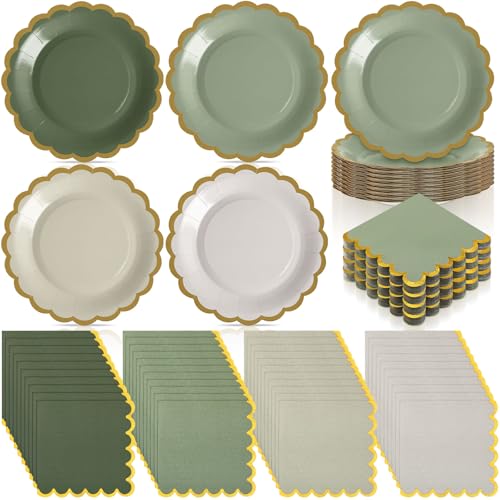 Mimorou 200 Pcs Sage Green Paper Plates and Napkins Set Serves 100 4 Gradient Colors Scalloped Gold Edge Disposable Tableware for Baby Shower Wedding Bridal Shower Birthday Party - Image 1