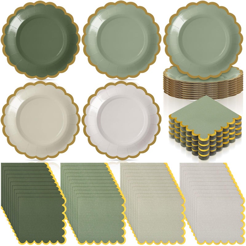 Mimorou 200 Pcs Sage Green Paper Plates and Napkins Set Serves 100 4 Gradient Colors Scalloped Gold Edge Disposable Tableware for Baby Shower Wedding Bridal Shower Birthday Party - Image 2