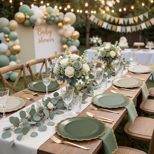 Mimorou 200 Pcs Sage Green Paper Plates and Napkins Set Serves 100 4 Gradient Colors Scalloped Gold Edge Disposable Tableware for Baby Shower Wedding Bridal Shower Birthday Party - Image 3