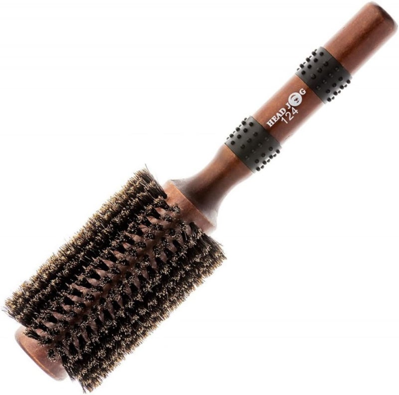 Head Jog 124 Natural 100 Boar Bristle Round Hair Brush with Wooden Handle Barrel Radial Brush for Hair Drying Volume Curling Smoothing Adds Shine Styling Brush For All Hair Types 37mm