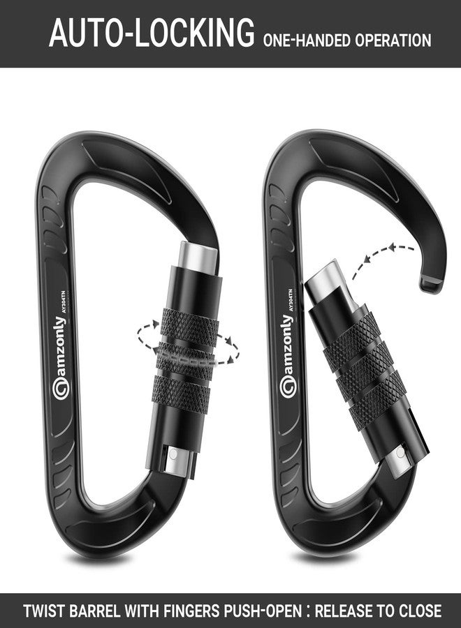 Amzonly Auto Locking Carabiner Clips Heavy Duty, 12KN /2697lbs Lightweight (1.0oz), Sturdy Twist Lock Caribeeners for Camping Hiking Hammock Swing Backpack, Dog Leash and Harness etc, Black, 2 Pack - Image 3