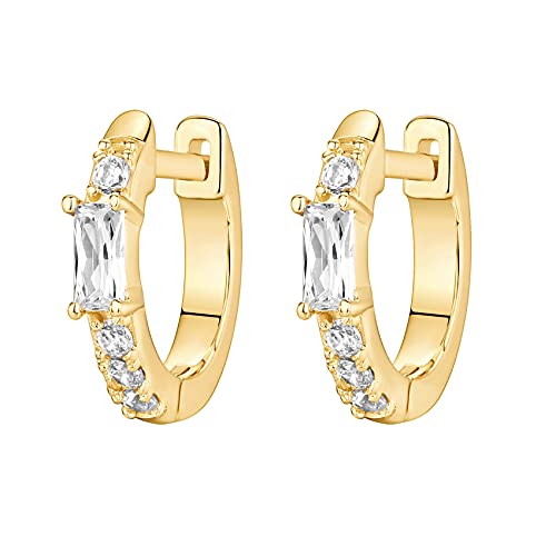 PAVOI 14K Yellow Gold Plated 925 Sterling Silver Post Women's Huggie Earrings - Small Gold Hoop Earrings - CZ Baguette Cubic Zirconia - Image 3