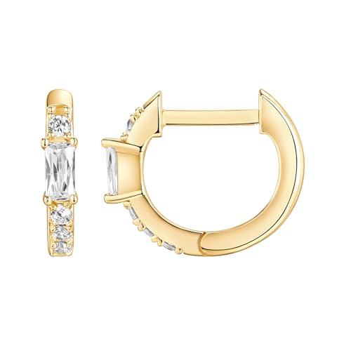PAVOI 14K Yellow Gold Plated 925 Sterling Silver Post Women's Huggie Earrings - Small Gold Hoop Earrings - CZ Baguette Cubic Zirconia - Image 5