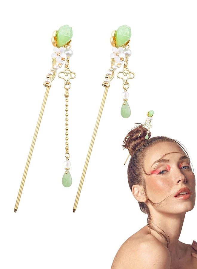 Lemon 2 Pack Flowers Chinese Hair Sticks, Pearl Tassel Hairpin Retro Gold Metal Long Hair Sticks Pins, Flower Butterfly Hair Chopsticks for Women Girls - Image 1