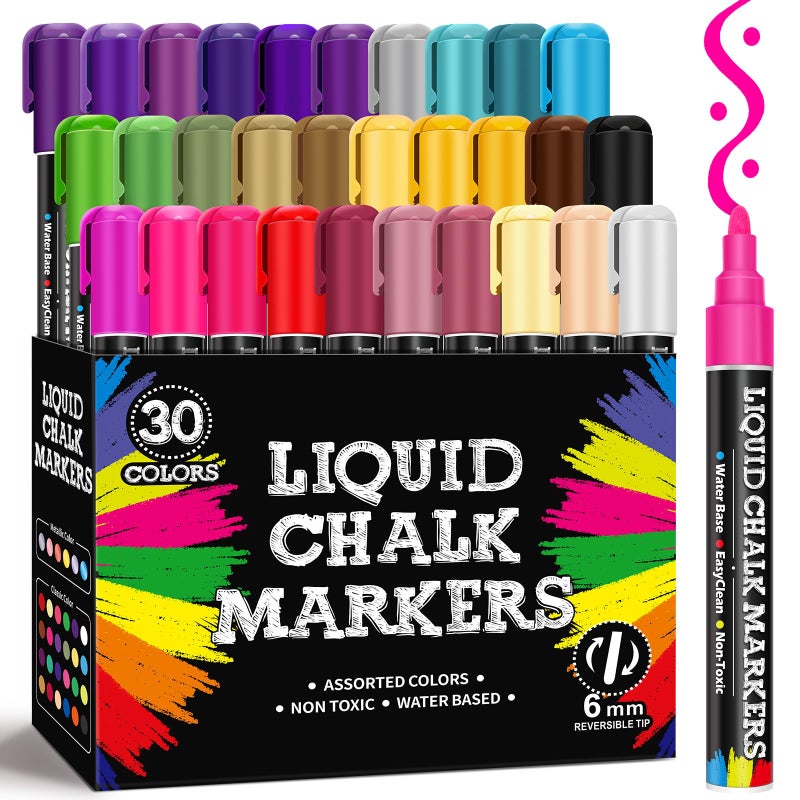 BainGesk 30 Colors Liquid Chalk Markers, Dust-Free Erasable Pens for Blackboards, Chalk Markers for Chalkboard, Windows, Glass, Mirror, Acrylic Dry Erase Board, 6mm Reversible Bullet & Chisel Tip - Image 1