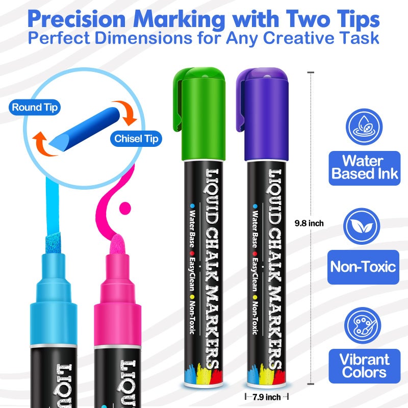 BainGesk 30 Colors Liquid Chalk Markers, Dust-Free Erasable Pens for Blackboards, Chalk Markers for Chalkboard, Windows, Glass, Mirror, Acrylic Dry Erase Board, 6mm Reversible Bullet & Chisel Tip - Image 2