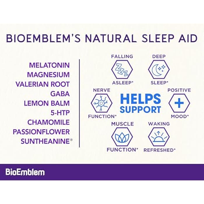 BioEmblem Natural Sleep Aid for Adults with Melatonin, Valerian Root, Suntheanine & More | Healthy Sleep Supplement | Herbal Sleeping Pills | 60 Capsules - Image 2