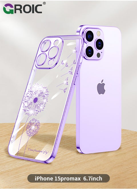 Designed for iPhone 15 Pro Max Case, Clear with Floral Pattern Design, Shockproof Protective Cover,Plated Dandelion Designed Phone Shell for iPhone 15 Pro Max 6.7 Inch
