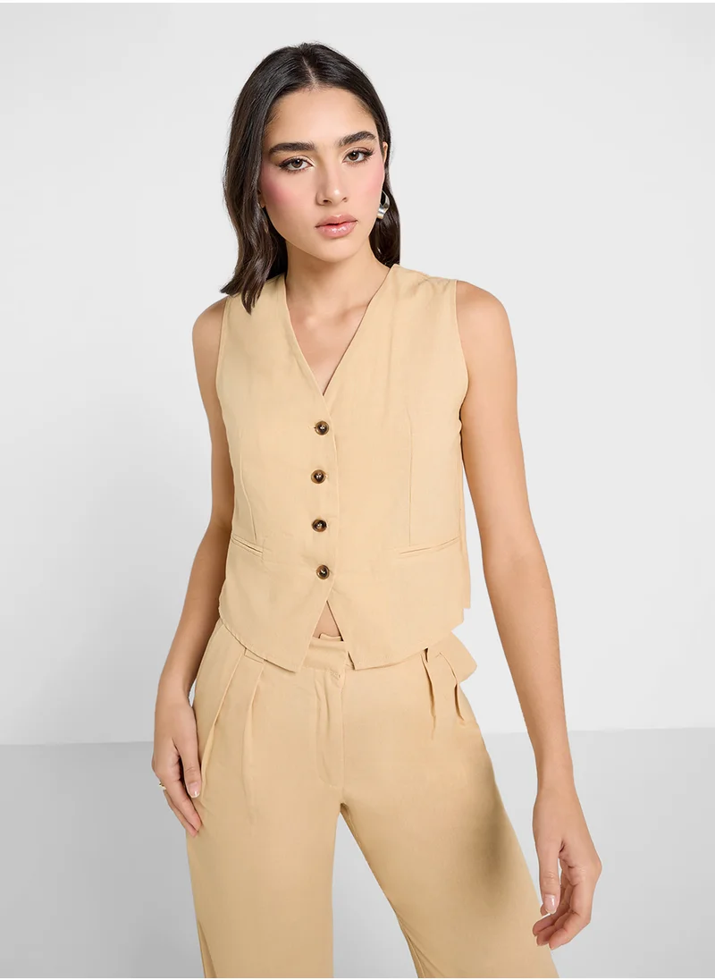 Ginger Cotton Button Up Vest & Wide Leg Pant Co-Ord Set