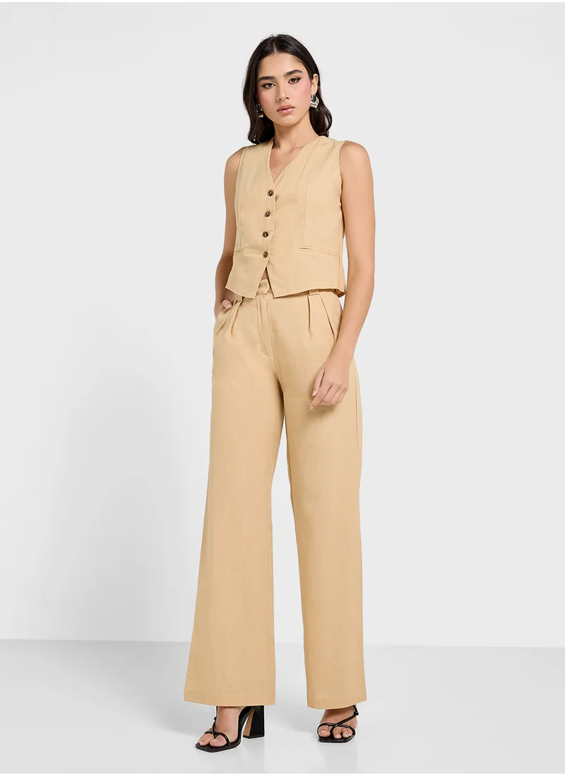 جينجر Cotton Button Up Vest & Wide Leg Pant Co-Ord Set