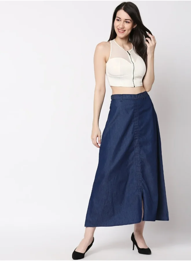 هاي ستار Women Blue Solid A-Line Midi Denim Skirt