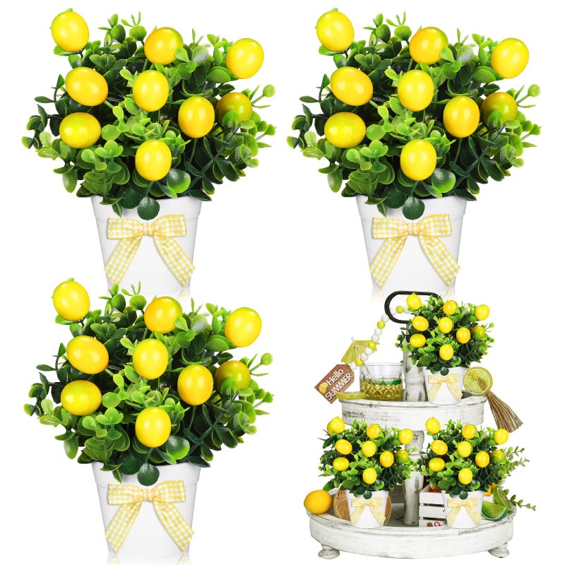 Jexine 3 Set Summer Fruits Lemon Tiered Tray Decor Artificial Lemon Plant Farmhouse Home Decor Mini Fake Etrogplants Mini Vases Tiered Tray Greenery AccessoryLemon Style