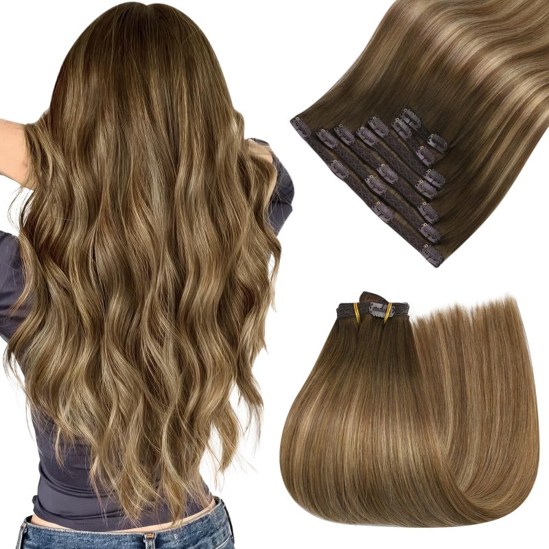 Easyouth Clip in Hair Extensions Human Hair Balayage Remy Hair Extensions Clip ins Dark Brown Fading to Caramel Blonde Mix Brown Clips in Extension Blend Seamlessly with Natural hair 20In 7Pcs 120G