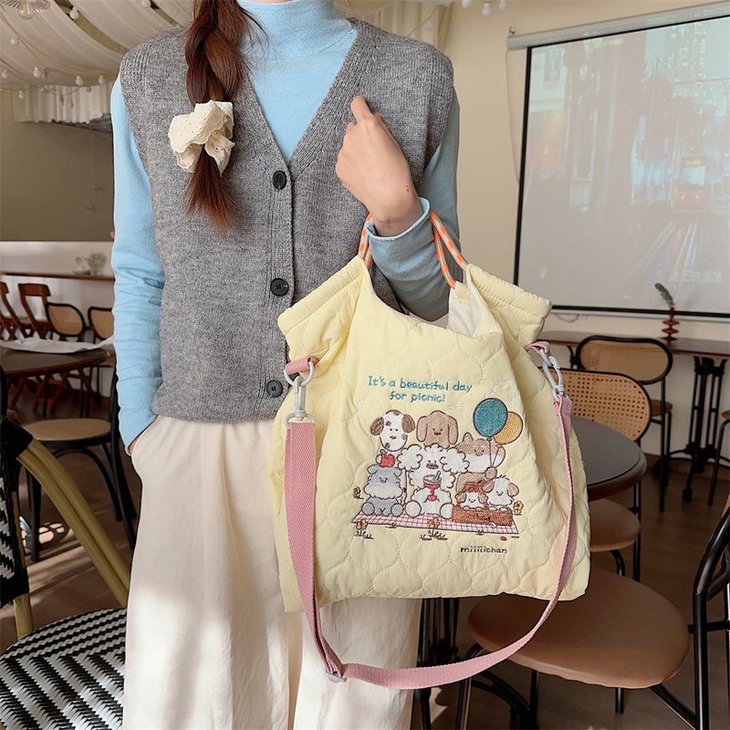 M31224 Korean Style Soft Cute Embroidered Quilted Cotton Messenger Bag Large Capacity Portable Shopping Commuter Handbag - Image 3