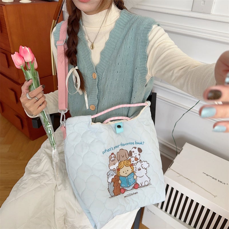 M31224 Korean Style Soft Cute Embroidered Quilted Cotton Messenger Bag Large Capacity Portable Shopping Commuter Handbag - Image 5