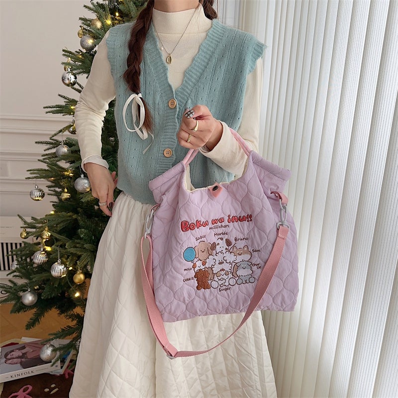 M31224 Korean Style Soft Cute Embroidered Quilted Cotton Messenger Bag Large Capacity Portable Shopping Commuter Handbag - Image 4