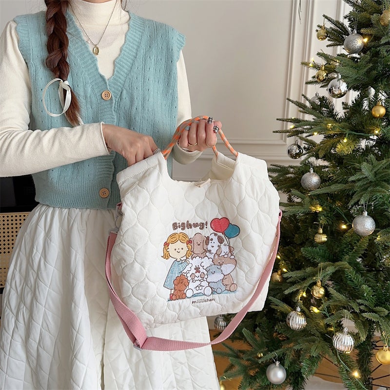 M31224 Korean Style Soft Cute Embroidered Quilted Cotton Messenger Bag Large Capacity Portable Shopping Commuter Handbag - Image 2