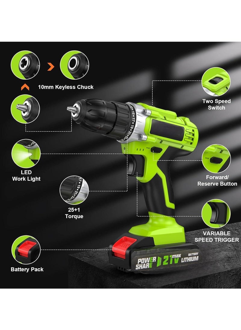 Generic - 21V Cordless Drill, Power Drill Set with 2 Batteries and Charger, Multifunctional Rechargeable Handheld Electric Screwdriver Electric Drill Drivers Built-in LED, with 2-Speed, 25 Torque Setting - Image 1