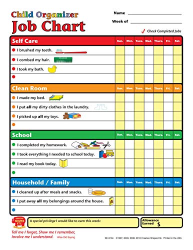 SHAPES ETC. 50 Sheets Child Organizer Job Chart 8.5inx11in Kids Reward Chart Chore Charts Teach Responsibility Positive Reinforcement Good Habits Daily Task Tracker Homeschool Parents USA Made - Image 1