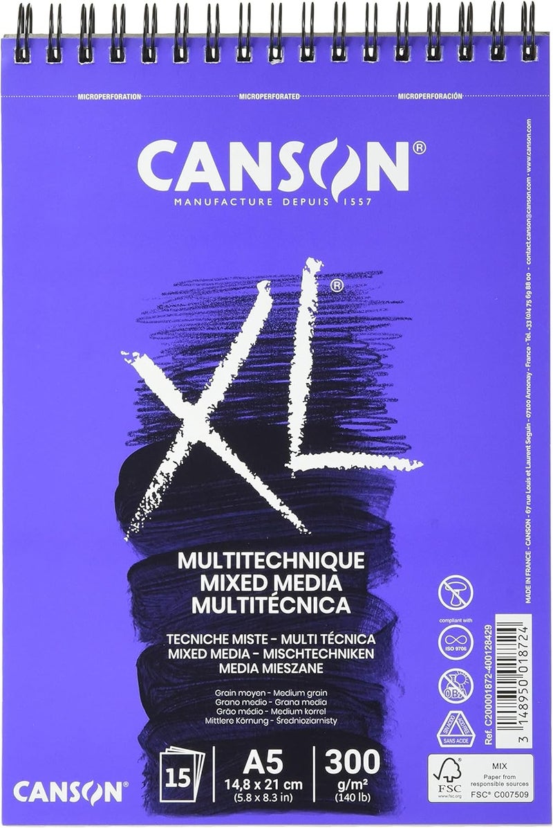 CANSON CANSON XL Textured Mixed Media 300gsm A5 Paper Medium Grain Spiral Pad Short Side 15 White Sheets Ideal for Professional Artists  Illustrators - Image 1