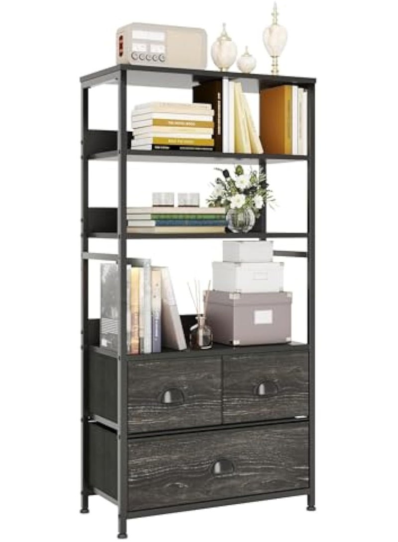 ACPLAY Multi-Functional 4-Tier Bookshelf with 3 Fabric Storage Drawers, Metal Frame & Wooden Top – Open Shelf & Storage Cabinet Combo for Living Room, Bedroom, Office, Kitchen - Image 1