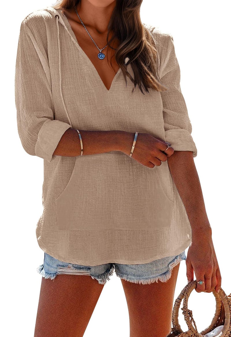 Ebifin Women's Beach Cover Up Shirt Long Sleeve V Neck Pocketed Hooded Top Khaki - Image 2