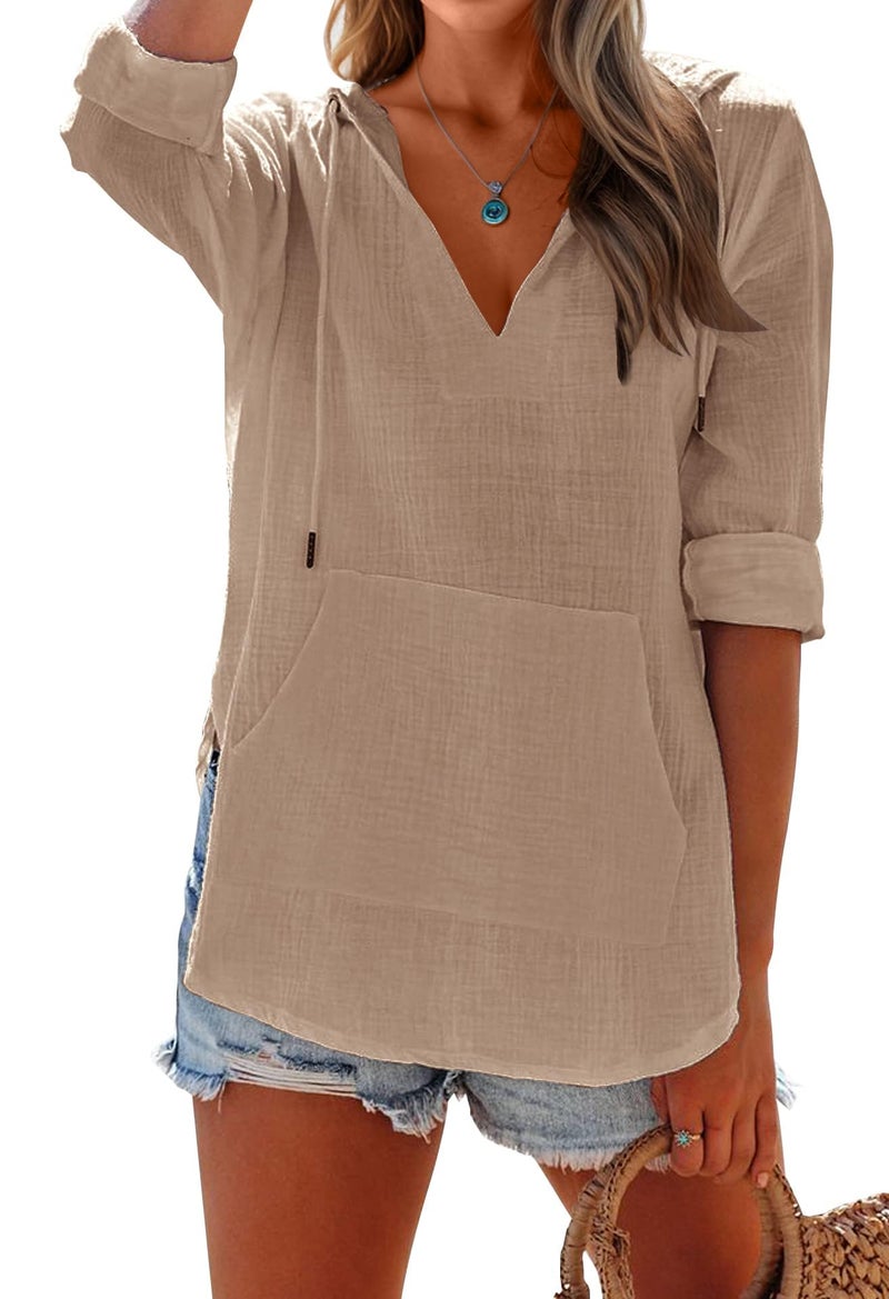 Ebifin Women's Beach Cover Up Shirt Long Sleeve V Neck Pocketed Hooded Top Khaki - Image 3