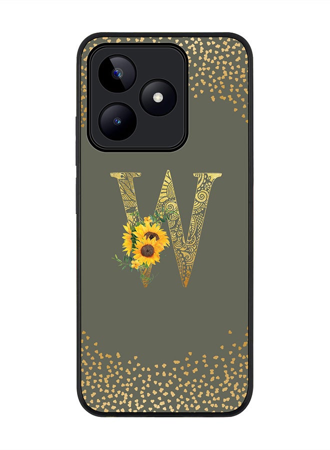 Rugged Black edge case for Realme C51 / Realme Note 50 4G,Custom Monogram Initial Letter Floral Pattern Alphabet - W (Olive Green)