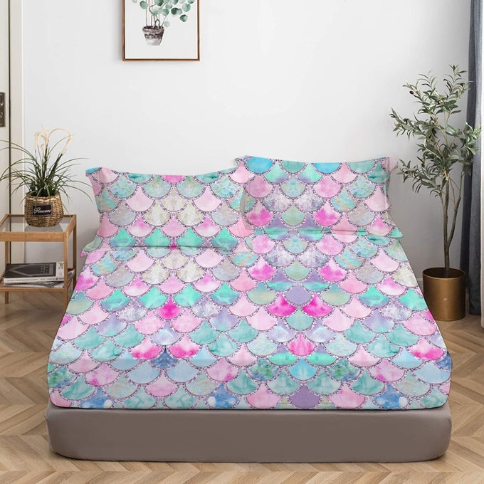 MERMAID FITTED SHEET SET 3D RAINBOW SCALES FULL GIRLS BEDDING SET MERMAID GIRL BED SHEETS 3PCS 1 DEEP POCKET FITTED SHEET WITH 2 PILLOWCASES WRINKLE FREE COZY MICROFIBER01QUEEN