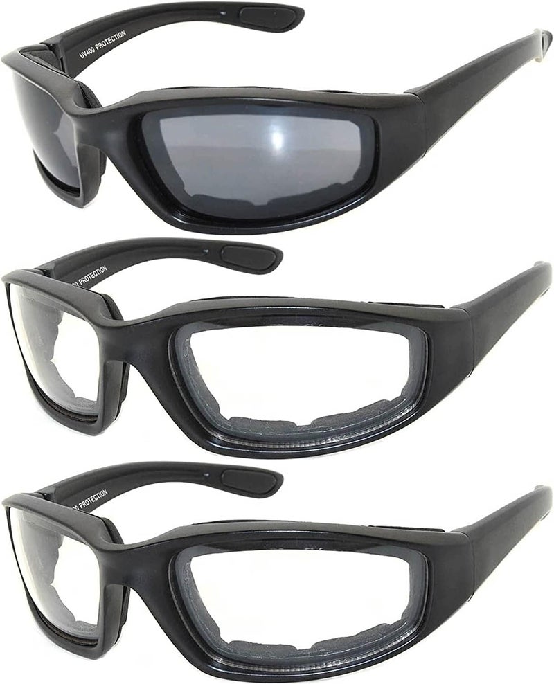 OWL 3 Pack Motorcycle Riding Glasses, Padded Sport Sunglasses, Assorted Colors for Men and Women - Image 1