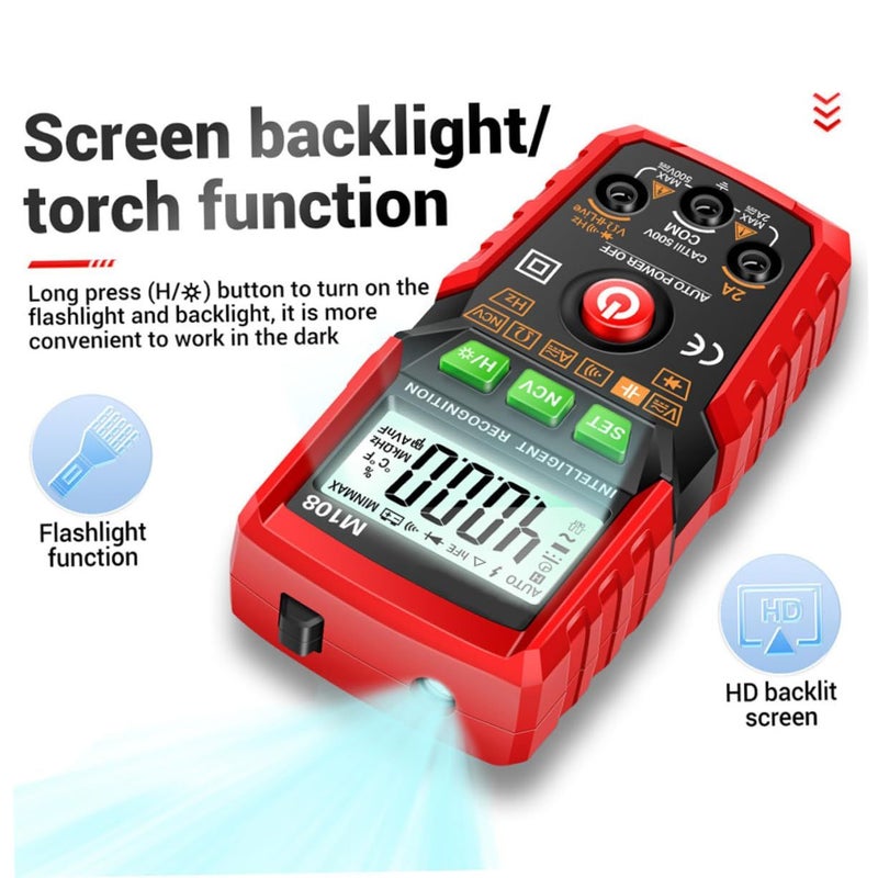 Smart Digital Multimeter Auto Ranging Tester AC DC Voltage Frequency Diode Continuity Red - Image 4