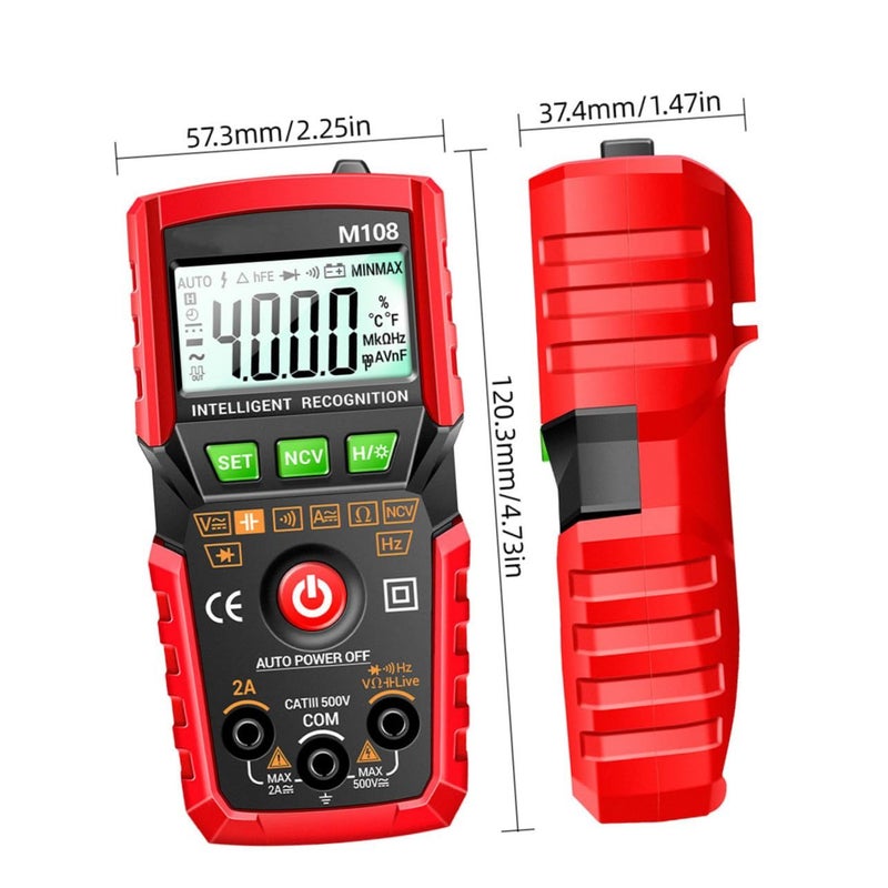 Smart Digital Multimeter Auto Ranging Tester AC DC Voltage Frequency Diode Continuity Red - Image 3