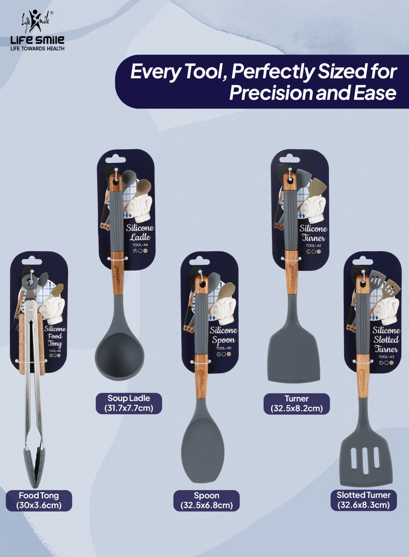 Life Smile Lifesmile Silicone Kitchen Utensils Set | Spoon, Ladle, Turner, Slotted Turner & Food Tong | Wooden Handle - Image 2