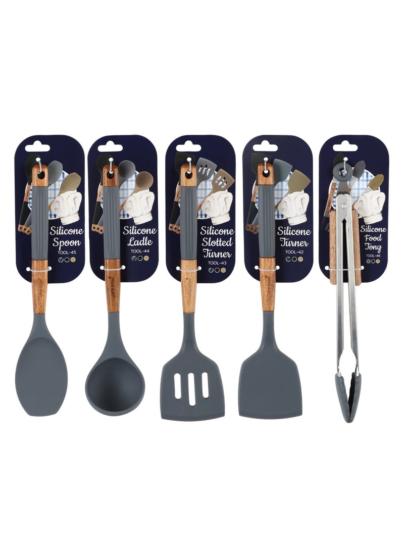 Life Smile Lifesmile Silicone Kitchen Utensils Set | Spoon, Ladle, Turner, Slotted Turner & Food Tong | Wooden Handle - Image 1