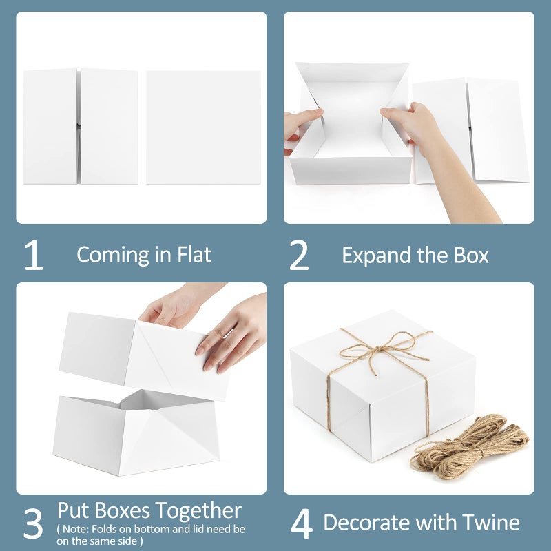 ValBox Premium Gift Boxes 10 Pack 8 x 8 x 4 White Paper Gift Boxes with 20 Meters Hemp Rope for Christmas Thanksgiving Wedding Baby Shower Gifts - Image 4