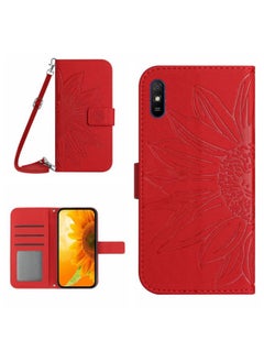 HuHa Case Cover For Xiaomi Redmi 9A / 9i Skin Feel Sun Flower Pattern Flip Leather Phone Case with Lanyard Red 