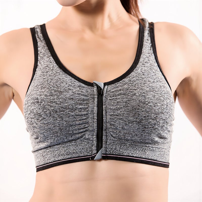 Sports Bra Front Zip Shockproof For Gym Running Yoga Daily Outdoor Gray S - Image 2