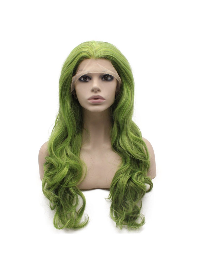 MX angel - MX angel Long Wavy Hand Tied Swiss Lace Front Green Wig Synthetic - Image 1