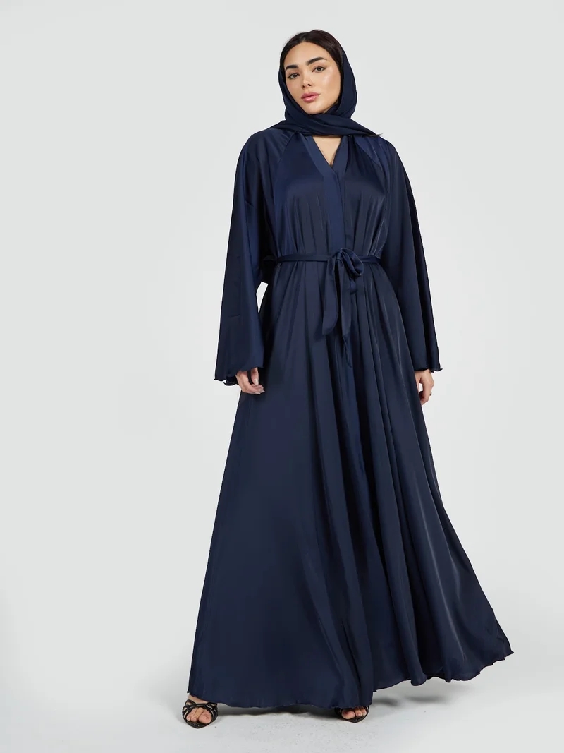 Reem Abayas Royal Navy Blue Satin Abaya - Elegant Belted Evening Wrap Gown